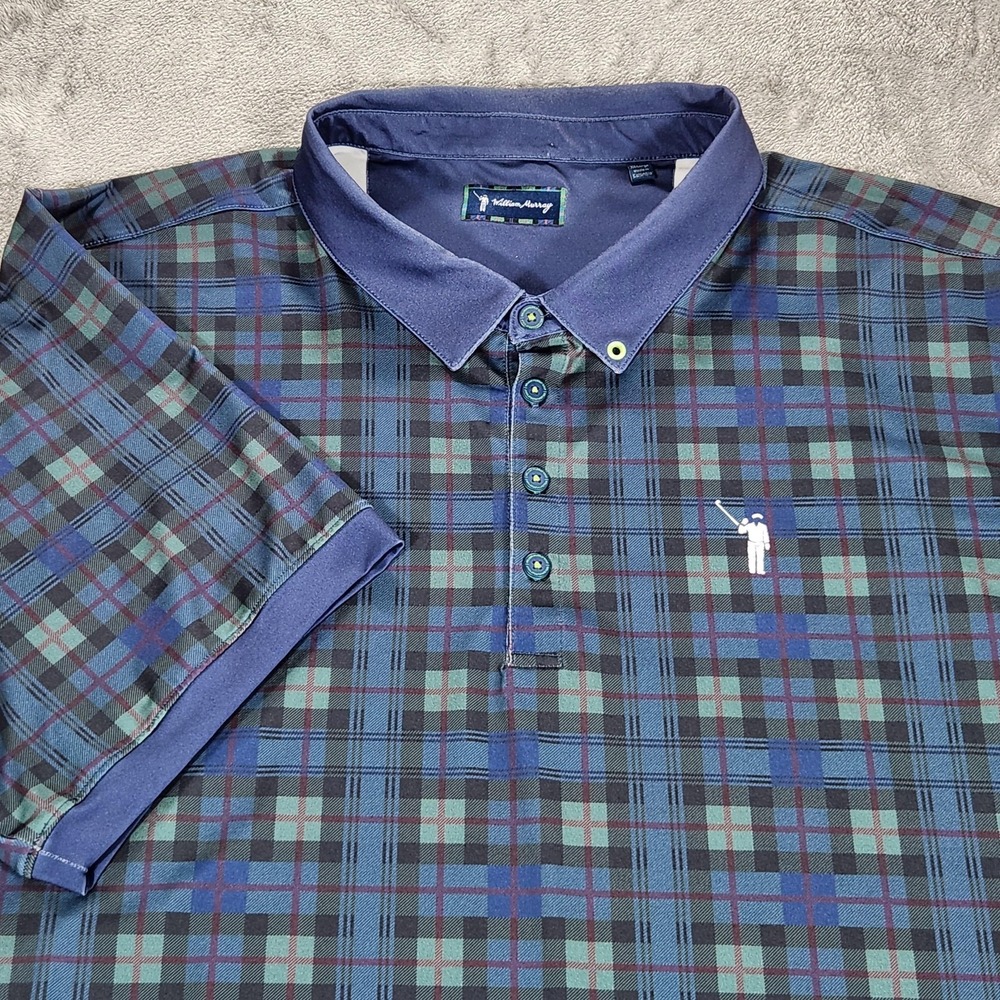 William Murray Polo Shirt Mens 2XL Blue Plaid Golf Performance Stretch Knit
